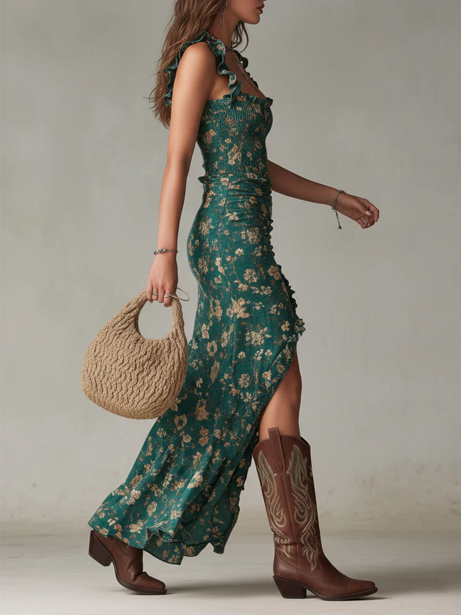 Mélodie | Bedrucktes Boho-Maxikleid mit Rüschenärmeln