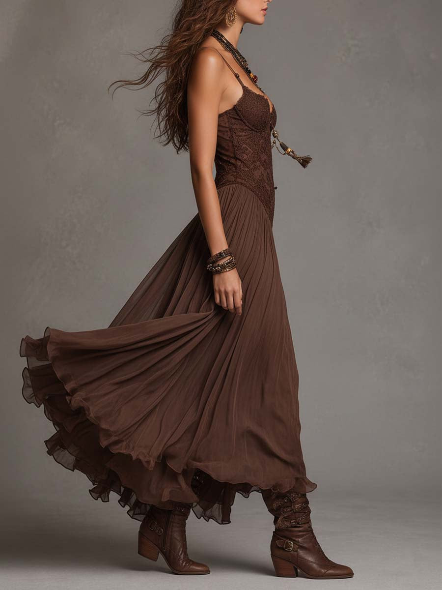 Amelie – Dunkelbraunes Chiffon-Maxikleid