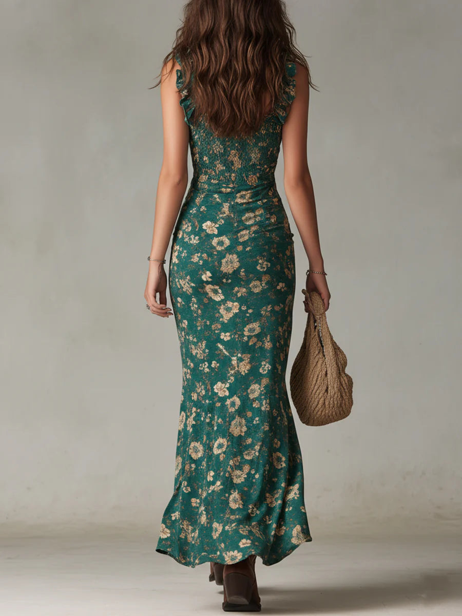 Mélodie | Bedrucktes Boho-Maxikleid mit Rüschenärmeln