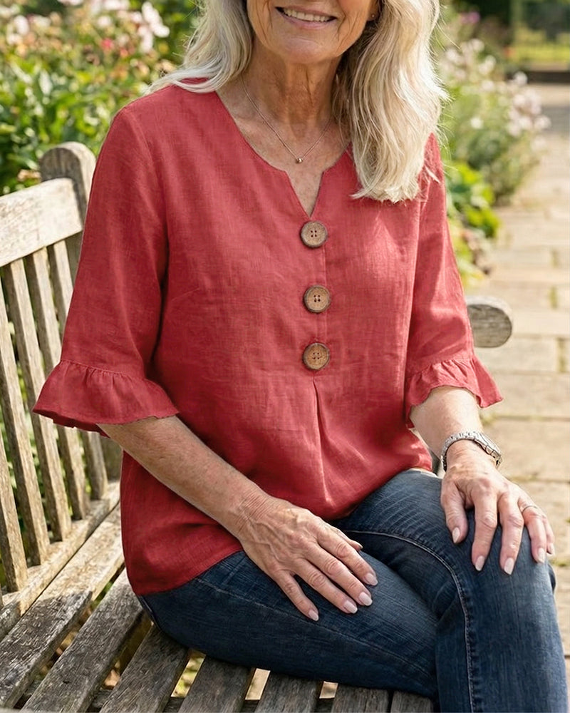Sophia – Einfarbige Baumwoll-Leinen-Bluse mit Holzknöpfen und Volants