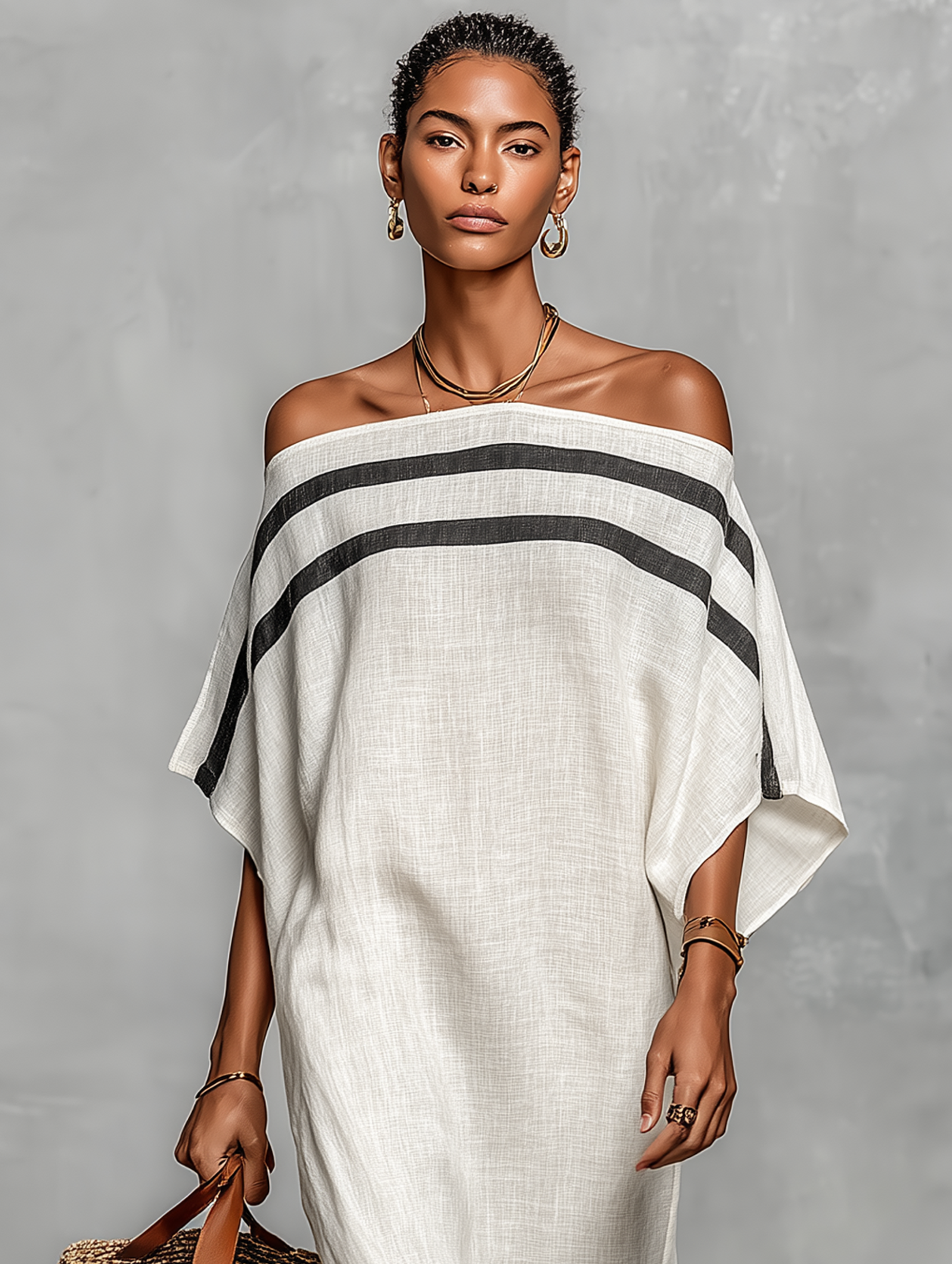Minimalistisches Maxikleid aus Leinen für Frauen mit Off-the-Shoulder-Ausschnitt und Chauvet-Maus-Ärmeln