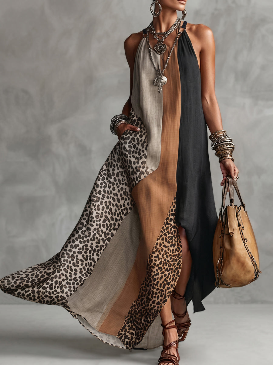 LUCIA | Maxikleid mit Neckholder, Leopardenmuster und asymmetrischen Einsätzen