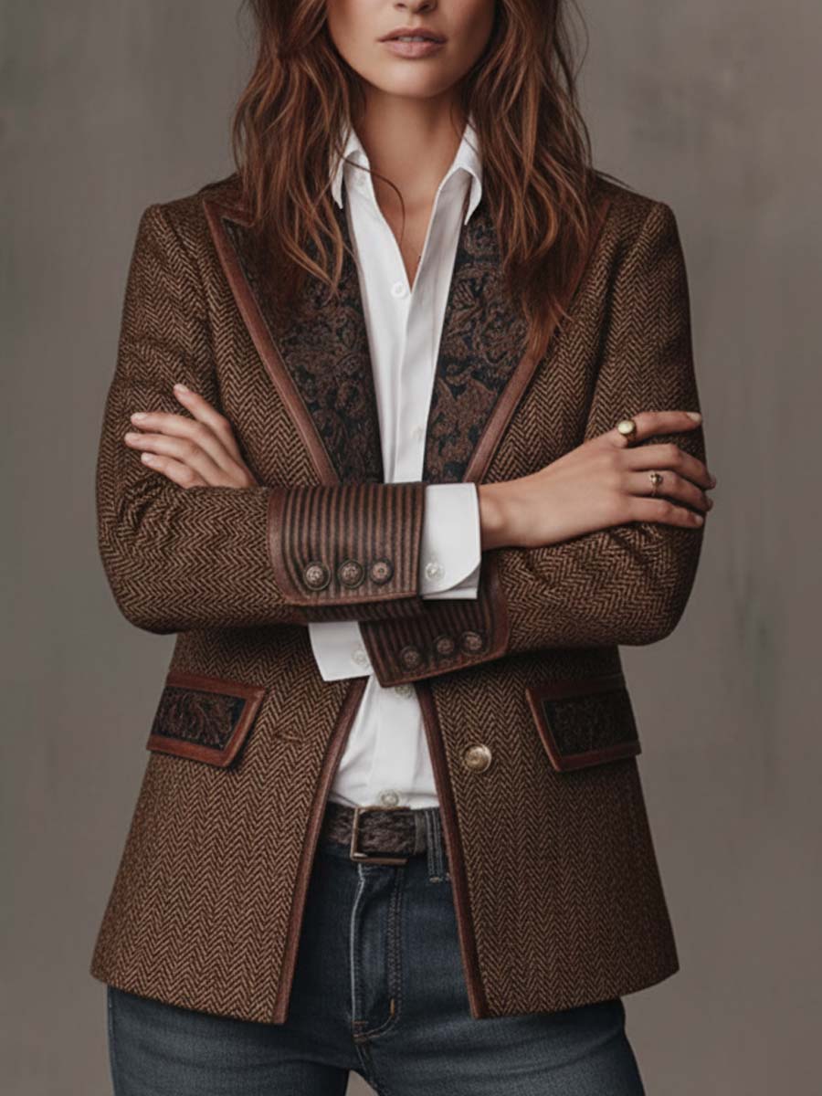 Damen-Blazer mit Fischgrätmuster und Print-Einsätzen