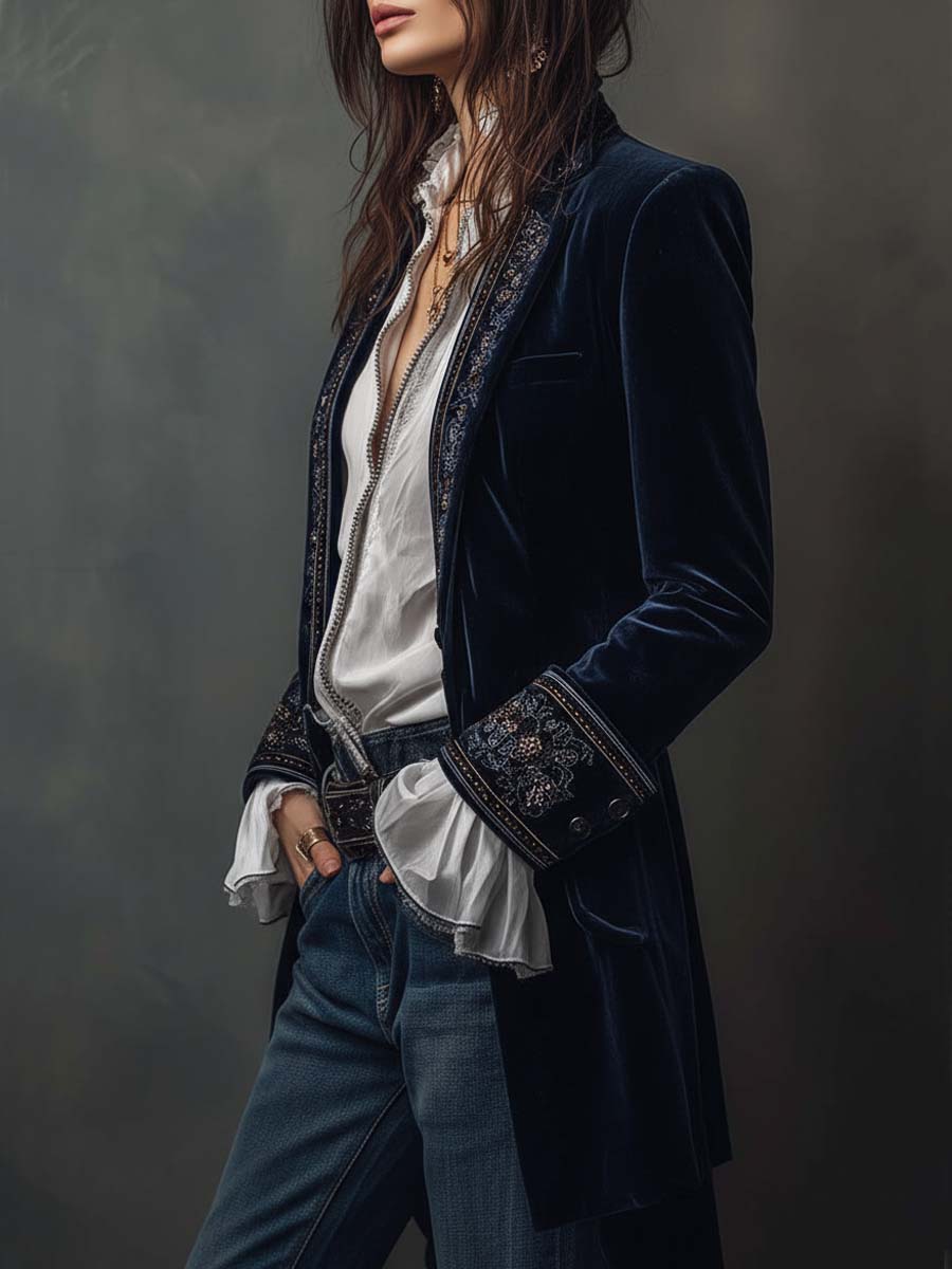 Damen Vintage-Longline-Jacke in Marineblau mit Stickerei