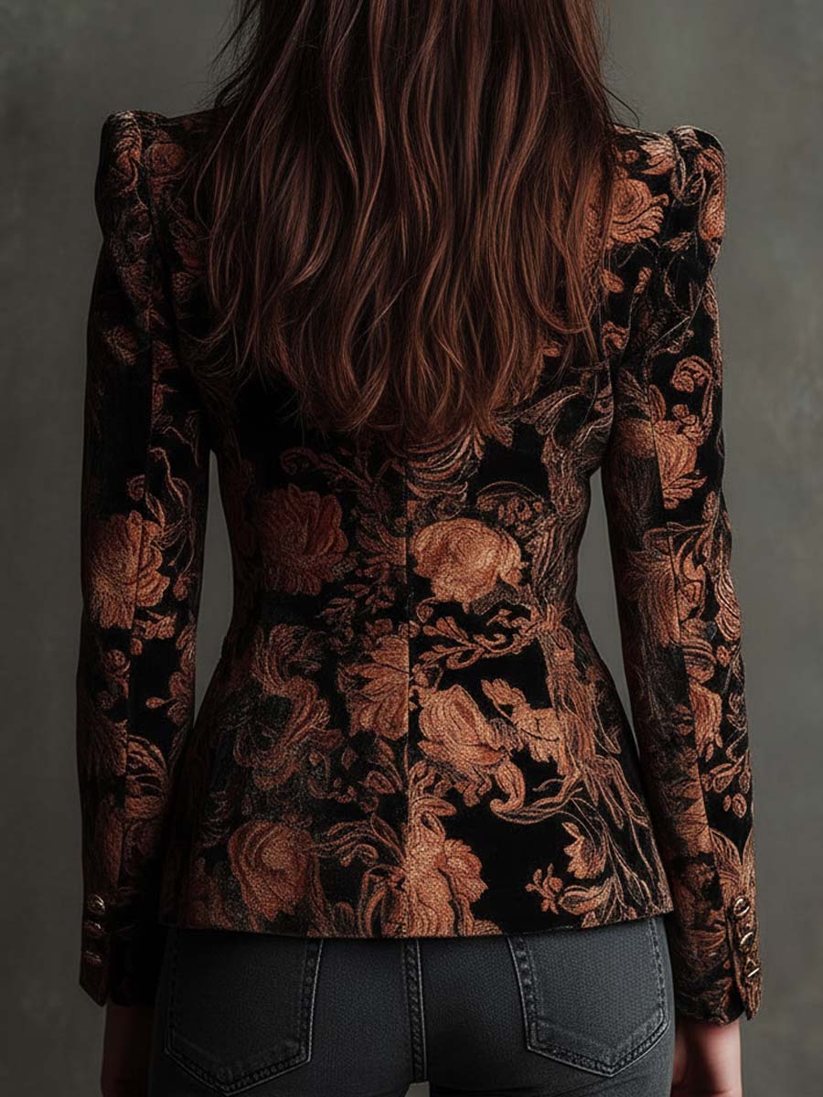 Damen Taillierter Blazer in Schwarz und Bronze mit Blumenmuster