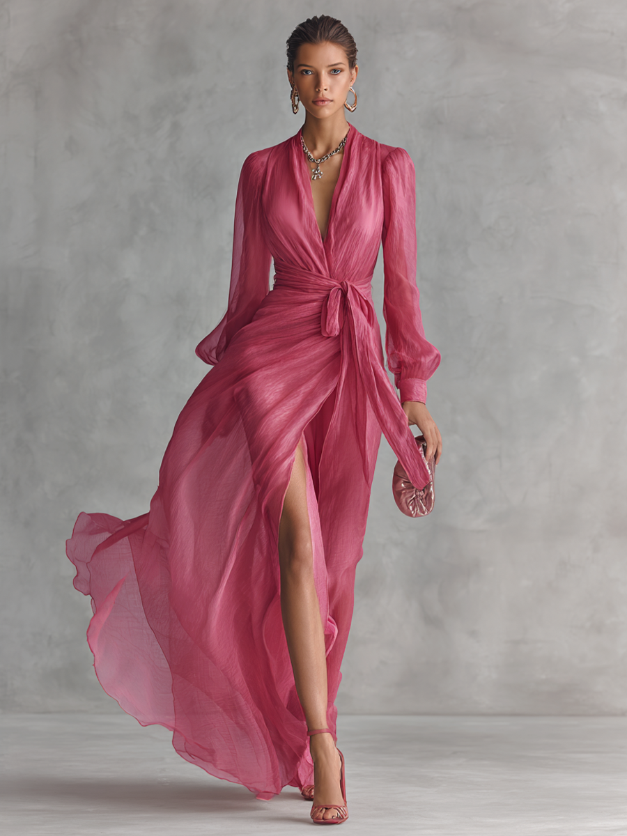 Elegantes langes Kleid aus rosa Chiffon mit Perlen und V-Ausschnitt für Frauen