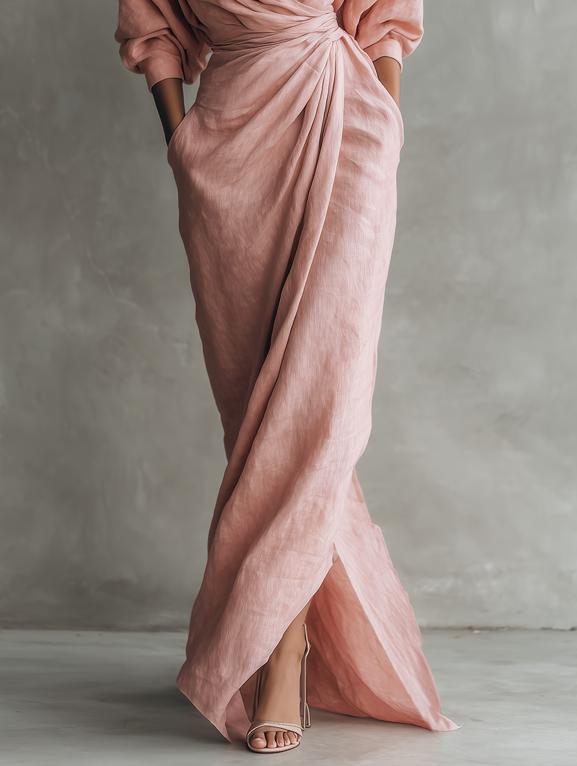Minimalistisches Maxikleid in Pink mit V-Ausschnitt aus Leinenmischung für die Frau