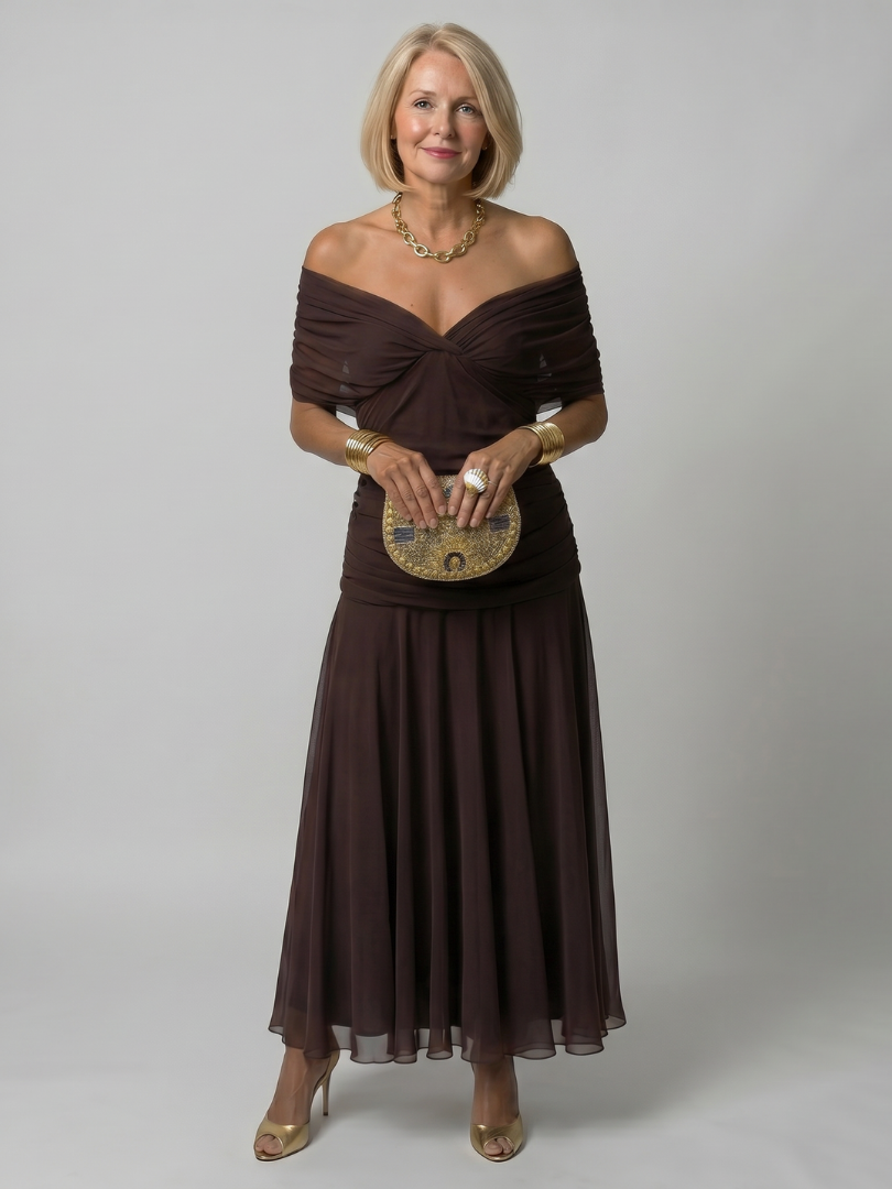 Calen | Schulterfreies fließendes Midikleid