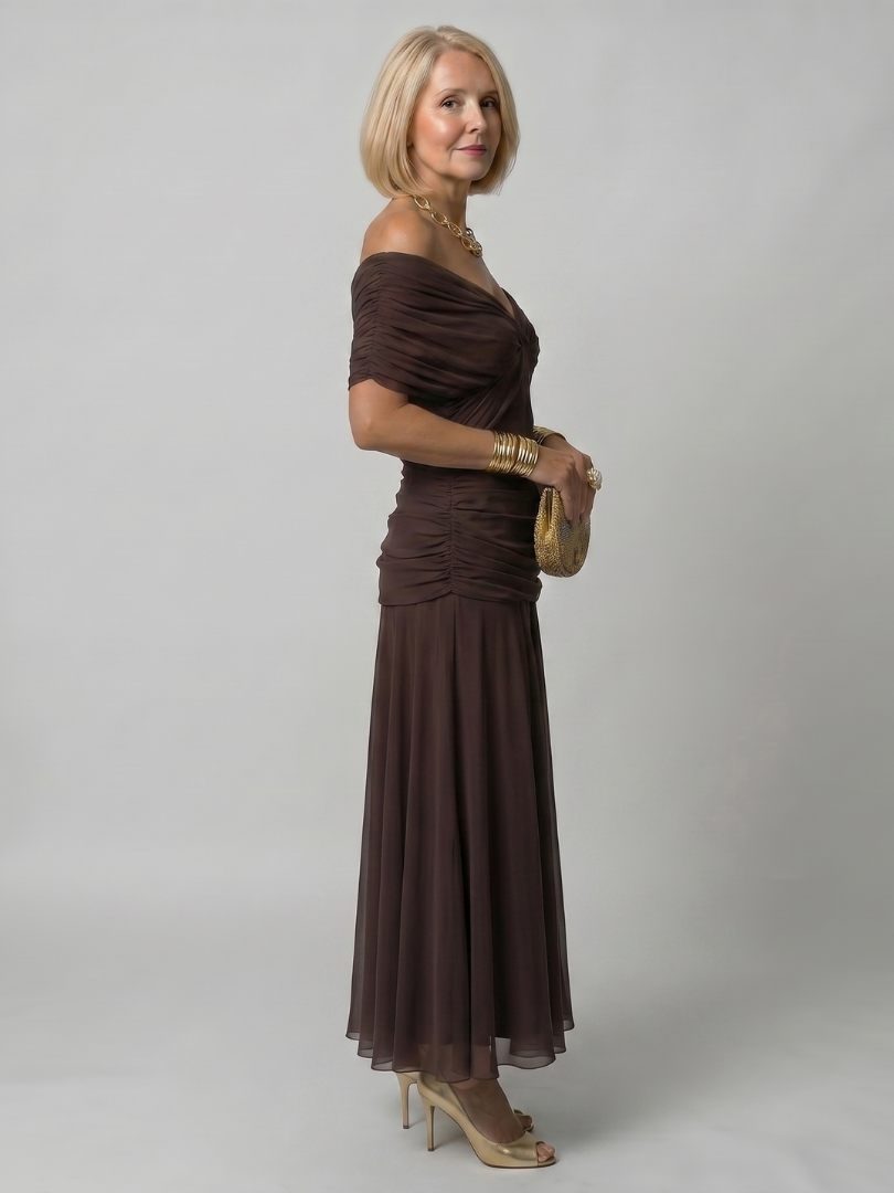 Calen | Schulterfreies fließendes Midikleid