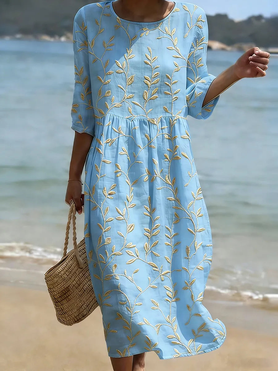Natalie | Pflanzen- und Blumendruck Midikleid mit Rundhalsausschnitt