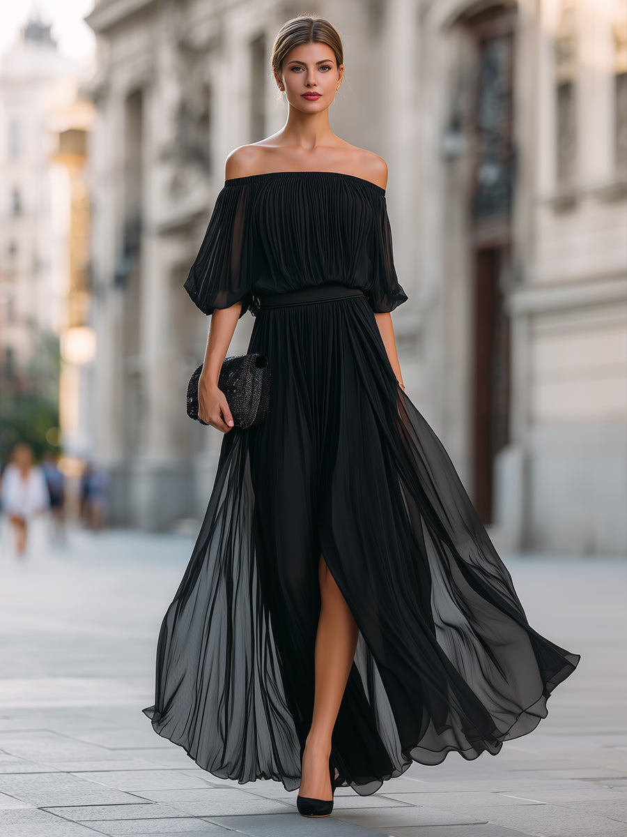 Serafina | Schulterfreies Chiffon-Maxikleid
