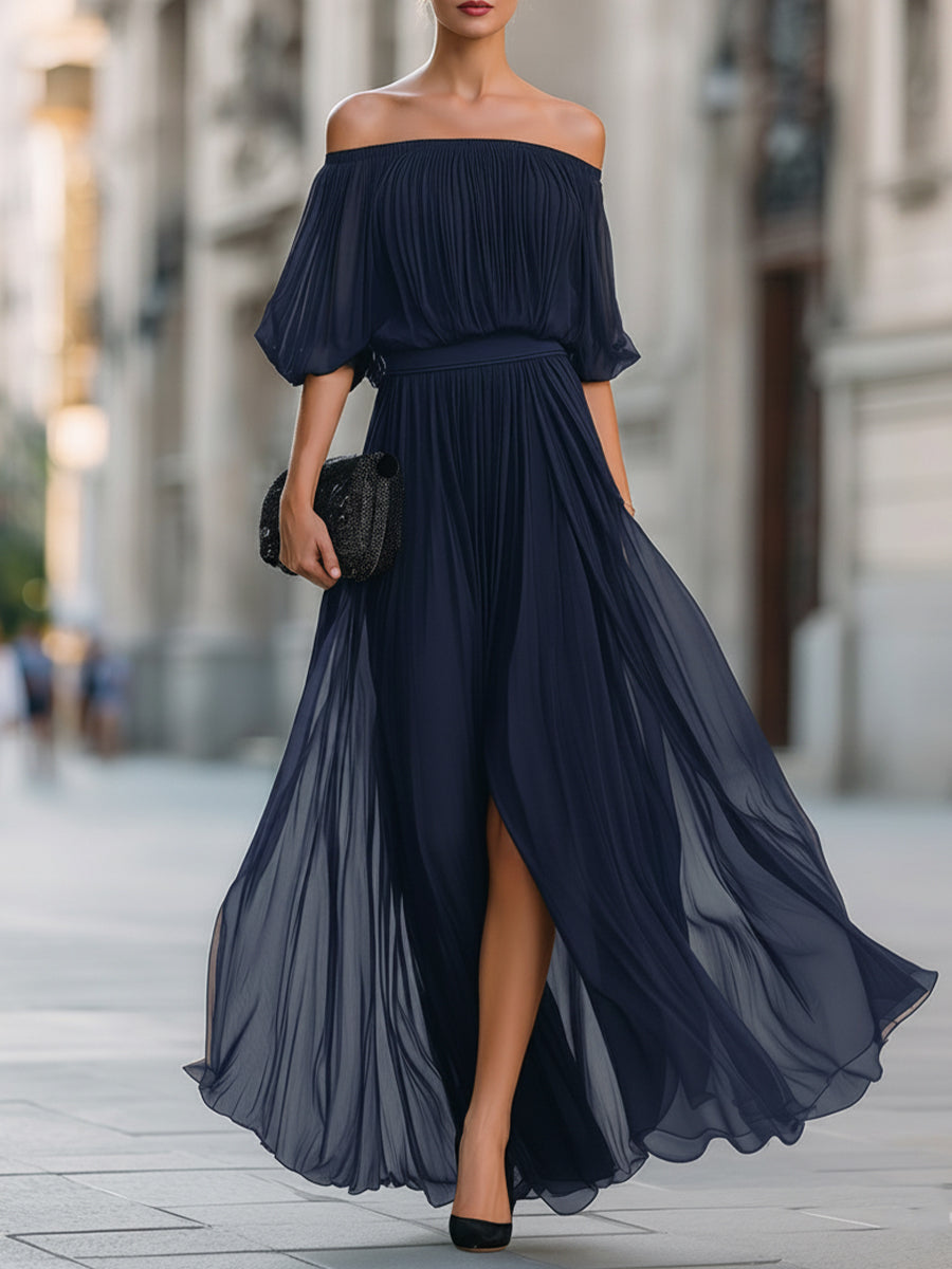 Serafina | Schulterfreies Chiffon-Maxikleid