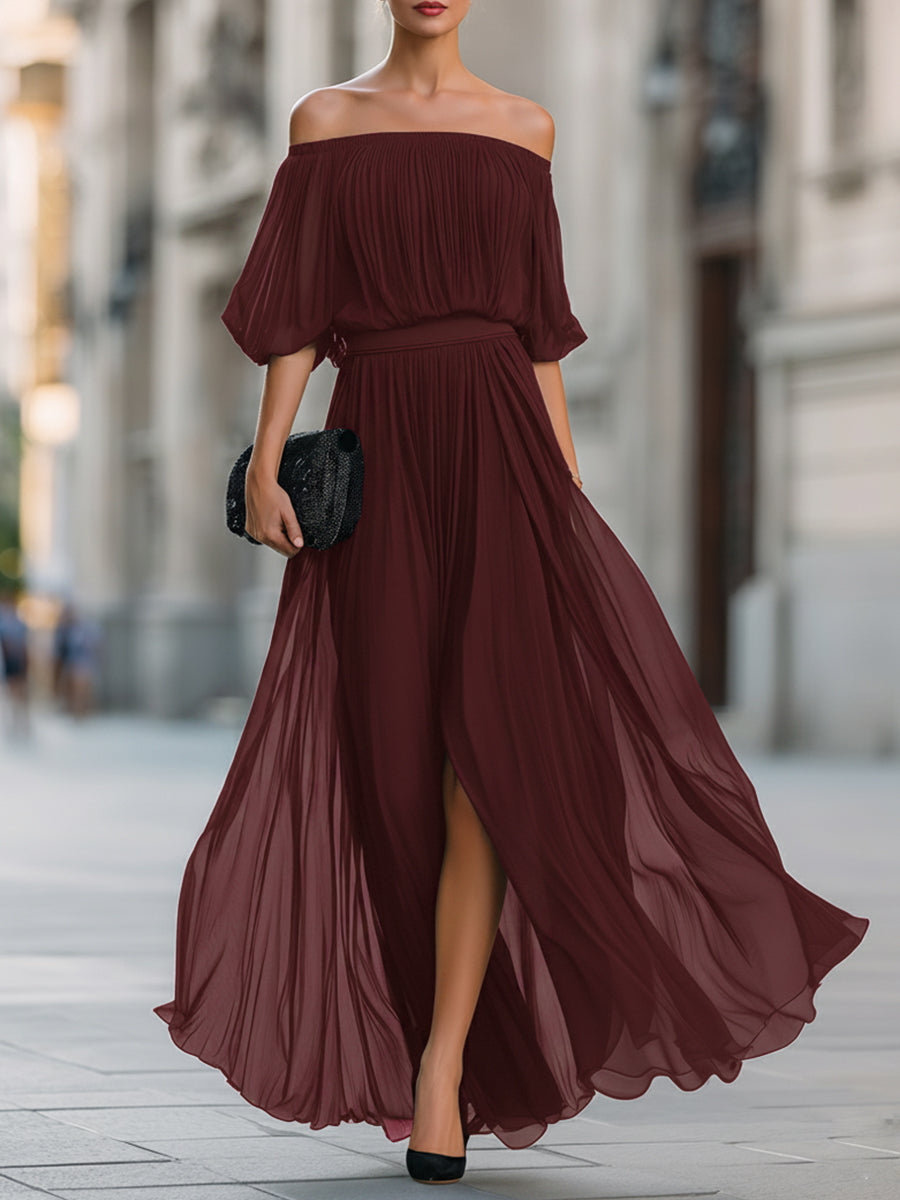 Serafina | Schulterfreies Chiffon-Maxikleid