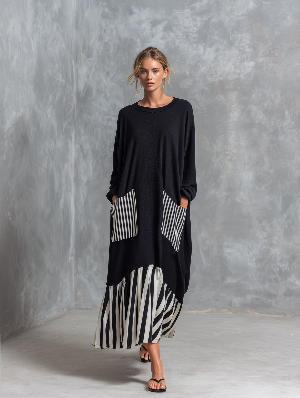 Stefania | Schwarzes Oversize-Maxikleid aus Baumwolle mit Streifen im Patchwork-Stil
