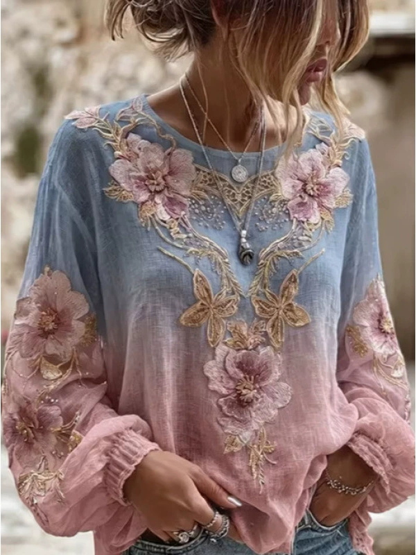 Aurora™ | Ombre-Bluse mit goldener Blumenstickerei