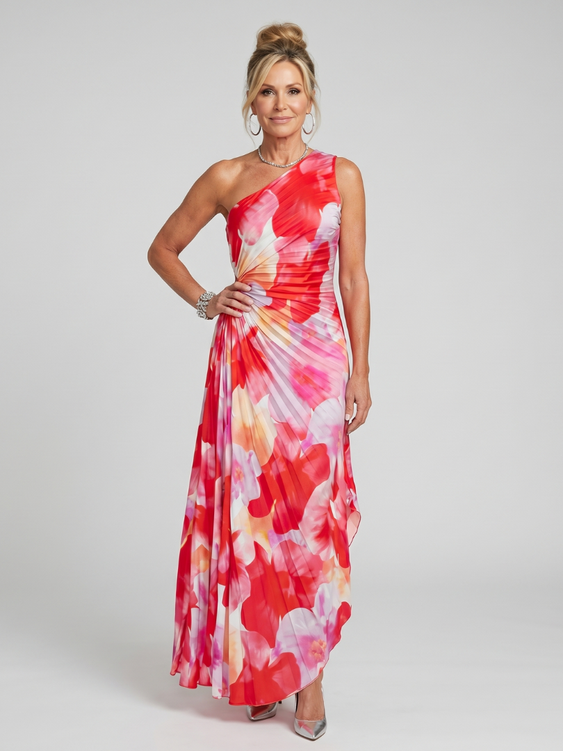Taya | Ein-Schulter-Kleid mit plissiertem Mieder Midikleid