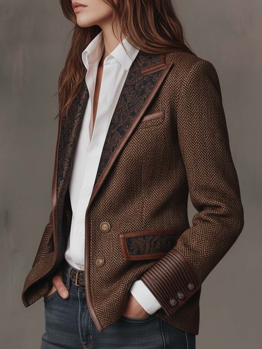 Damen-Blazer mit Fischgrätmuster und Print-Einsätzen