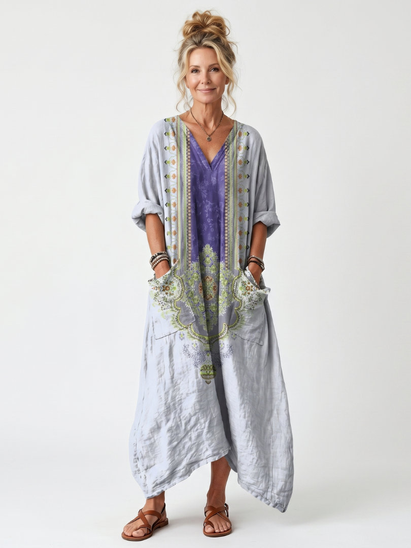 Raina | Midi-Kleid mit kontrastierenden Einsätzen, Stickereien und übergroßer Tasche