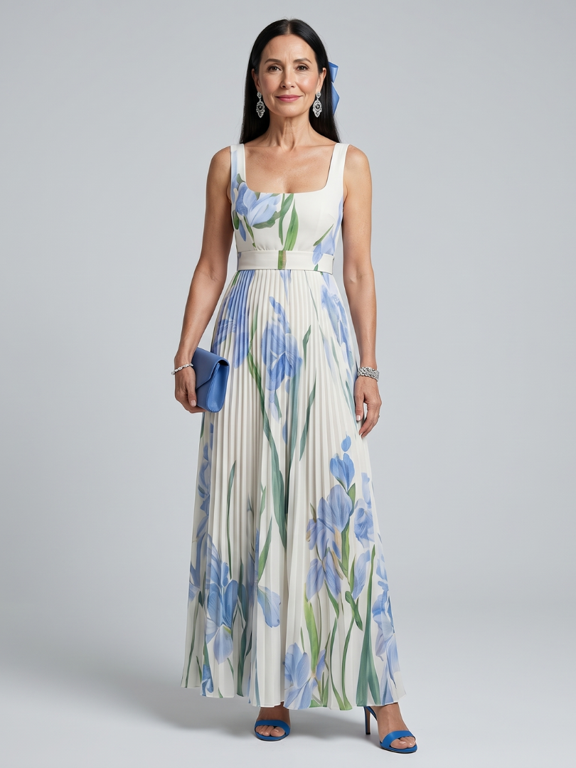 Ophelia | Ärmelloses Midikleid mit Blumenmuster und quadratischem Ausschnitt