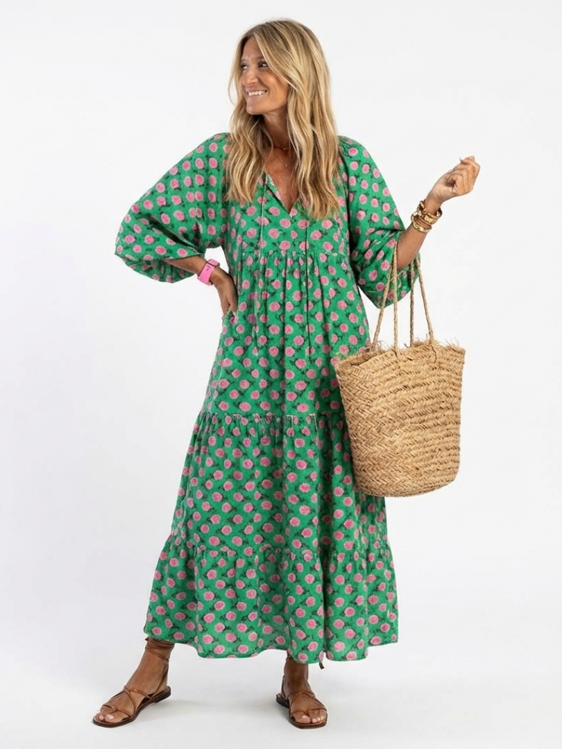Fiora | Midi-Kleid mit V-Ausschnitt, Stufenrock und Blumenmuster