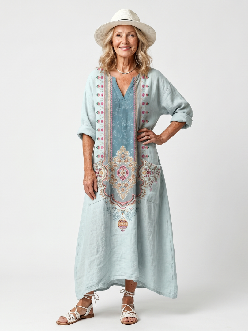 Kassiani | Midi-Kleid mit aufwendiger Stickerei und übergroßer Tasche
