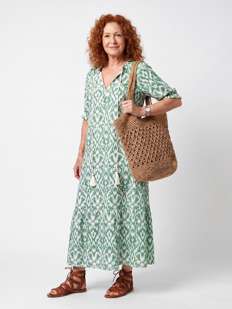 Ilara | Gemustertes Midi-Kleid mit V-Ausschnitt und Quasten