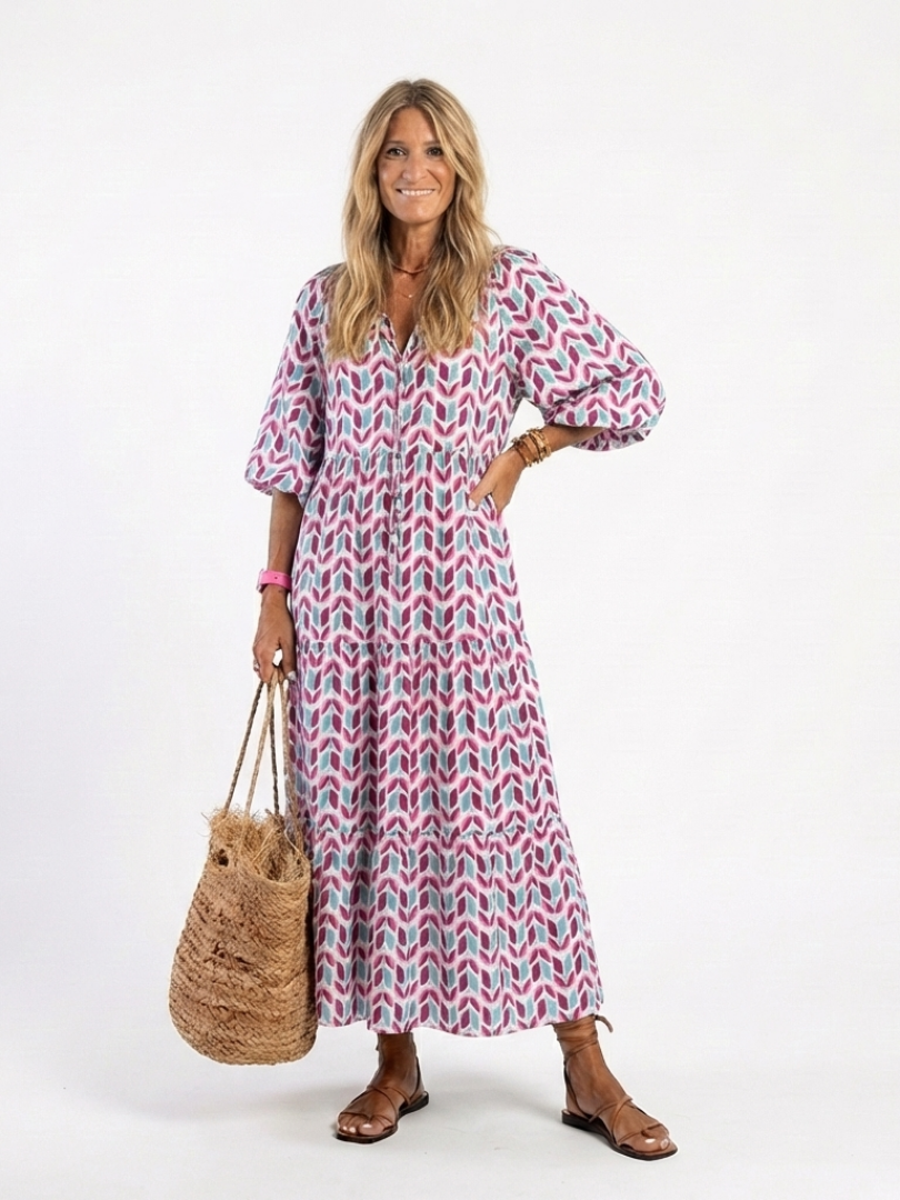 Mireya | Midi-Kleid mit langen Ärmeln, gestuftem Schnitt und geometrischem Muster