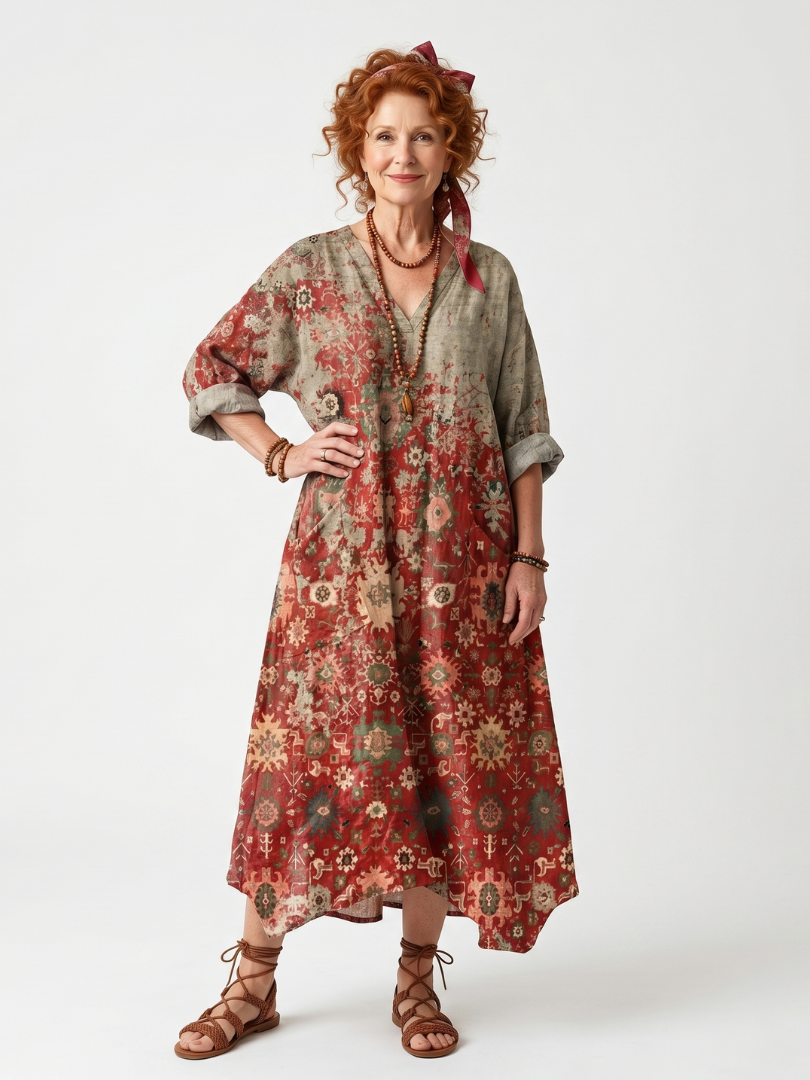 Saffron | Midi-Kleid mit lockerer Passform und gemusterten Taschen