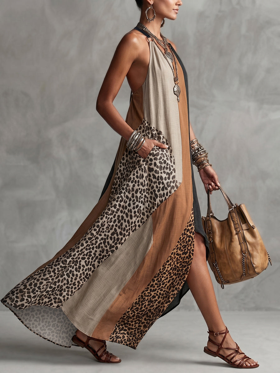 LUCIA | Maxikleid mit Neckholder, Leopardenmuster und asymmetrischen Einsätzen