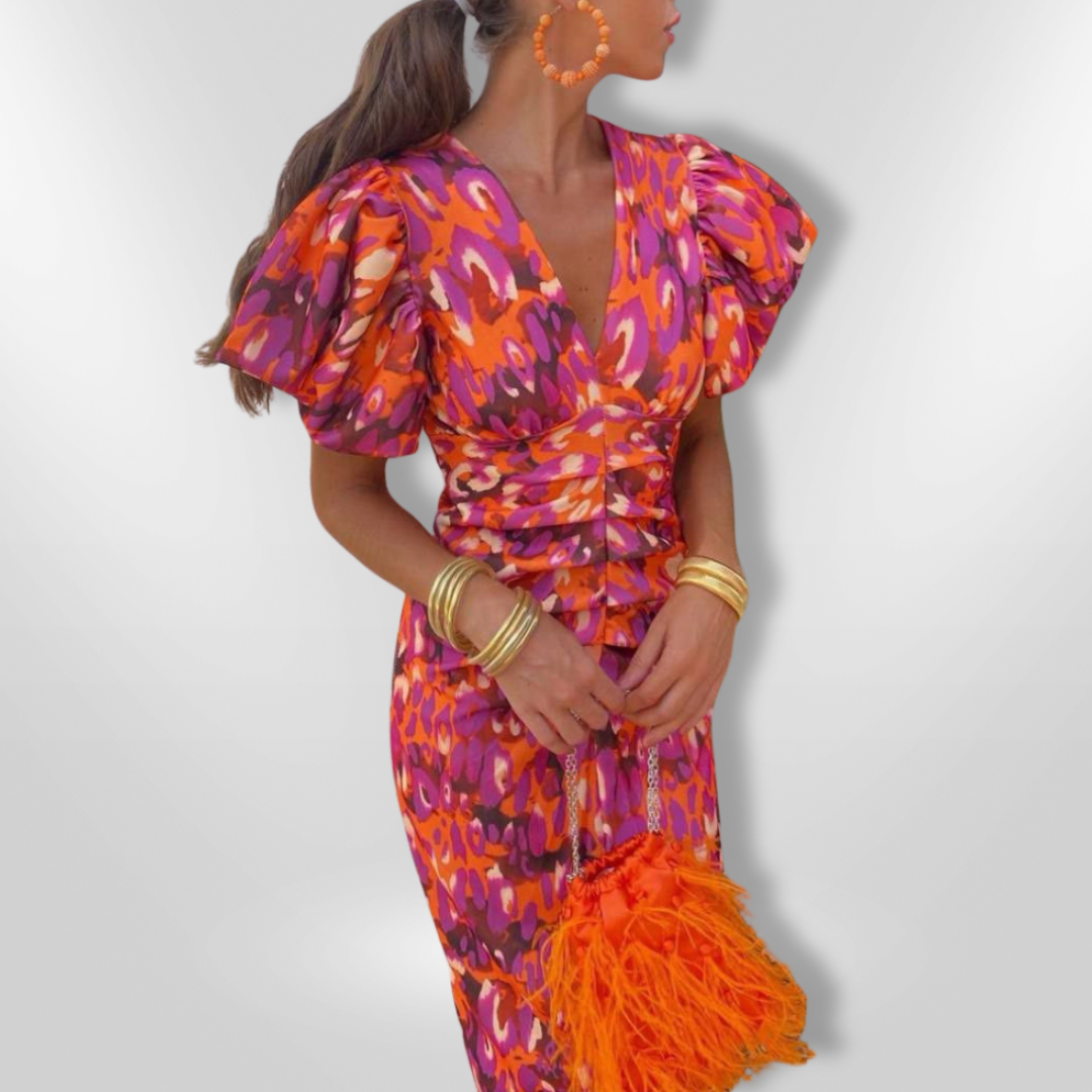 Oranit™ | Buntes Kleid mit plissierten Ärmeln