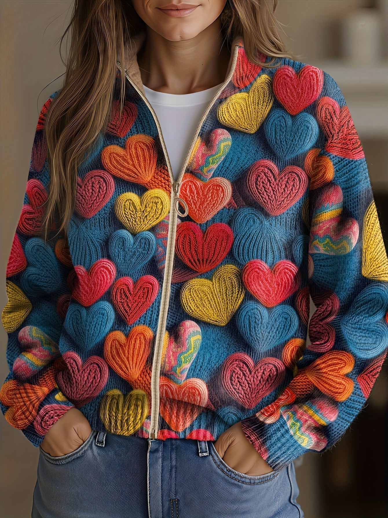 Valentine™ | Strick-Cardigan mit mehrfarbigen strukturierten Herzen