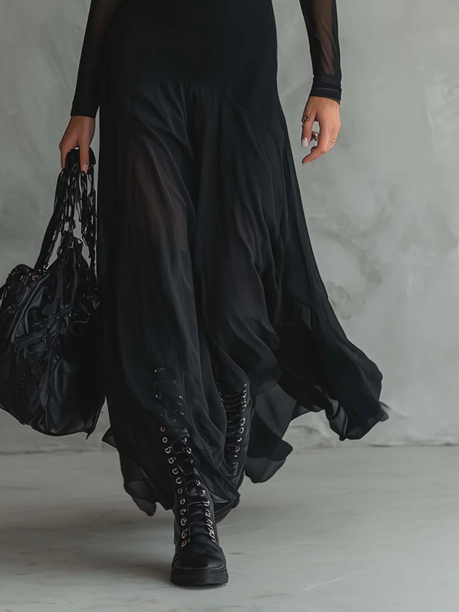 Domitille | Schwarzes Maxikleid mit Tüll-Patchwork