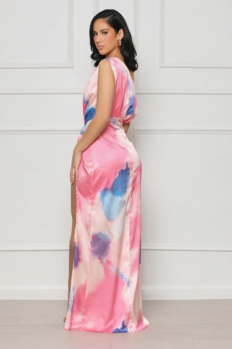Langes asymmetrisches Kleid mit Tie-Dye-Druck