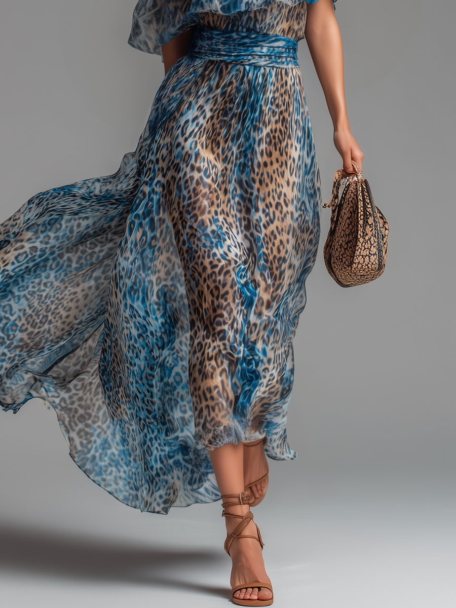 Selvaggia - Langes Chiffonkleid mit Leopardenmuster und freien Schultern