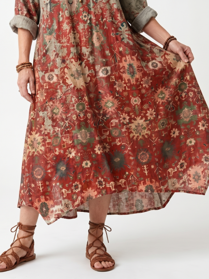 Saffron | Midi-Kleid mit lockerer Passform und gemusterten Taschen