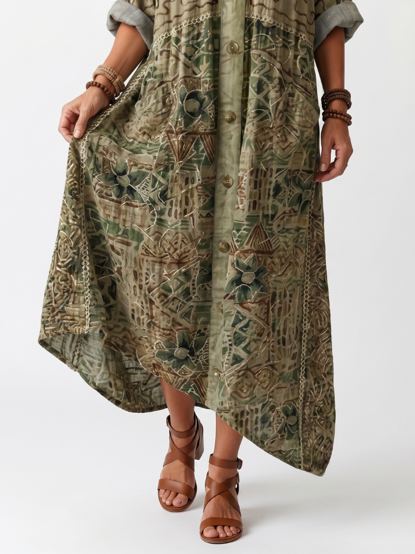 Aleta | Midi-Kleid mit Knopfleiste, Stickerei und übergroßer Tasche
