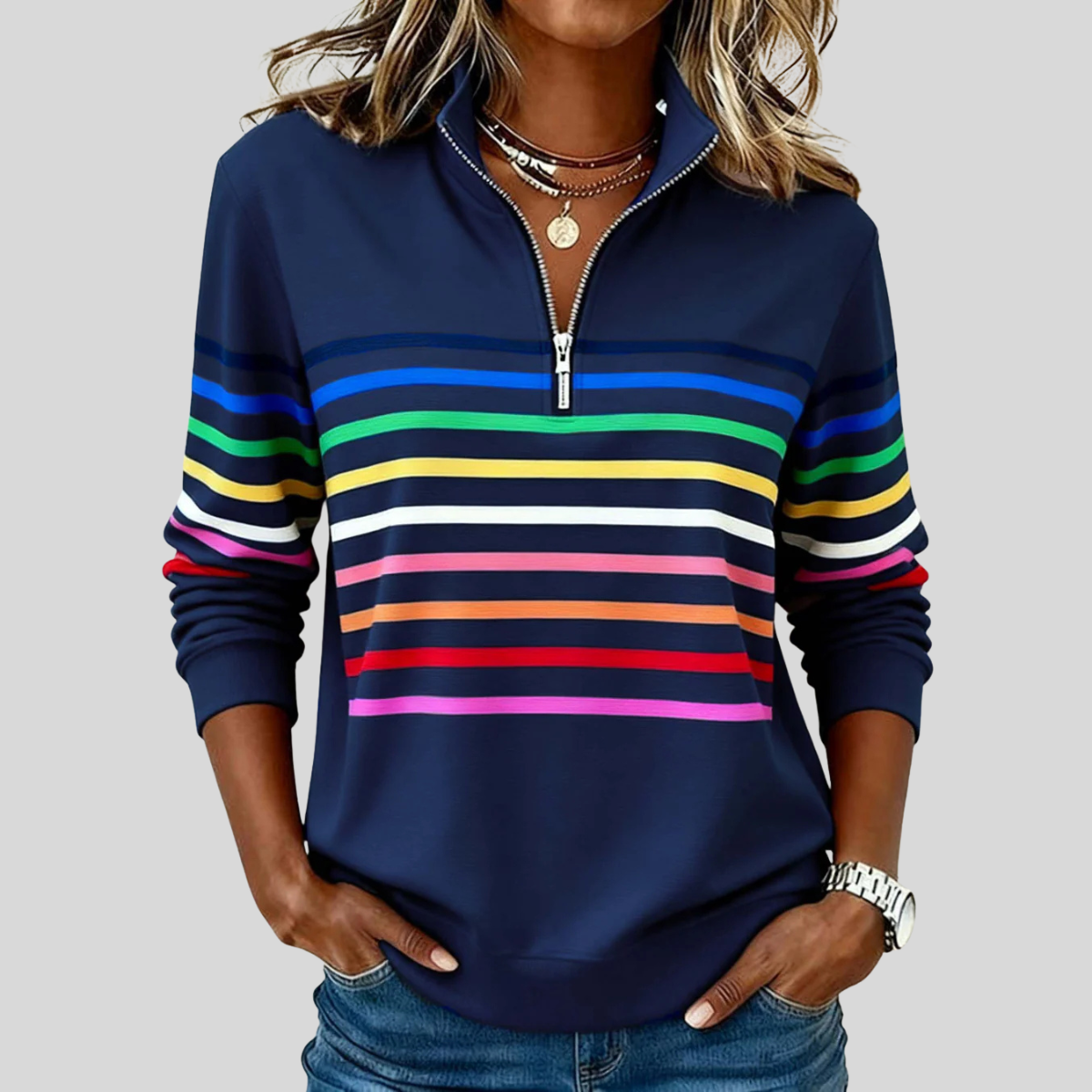 Prismette™ | Bunt gestreiftes Sweatshirt mit Viertelreißverschluss
