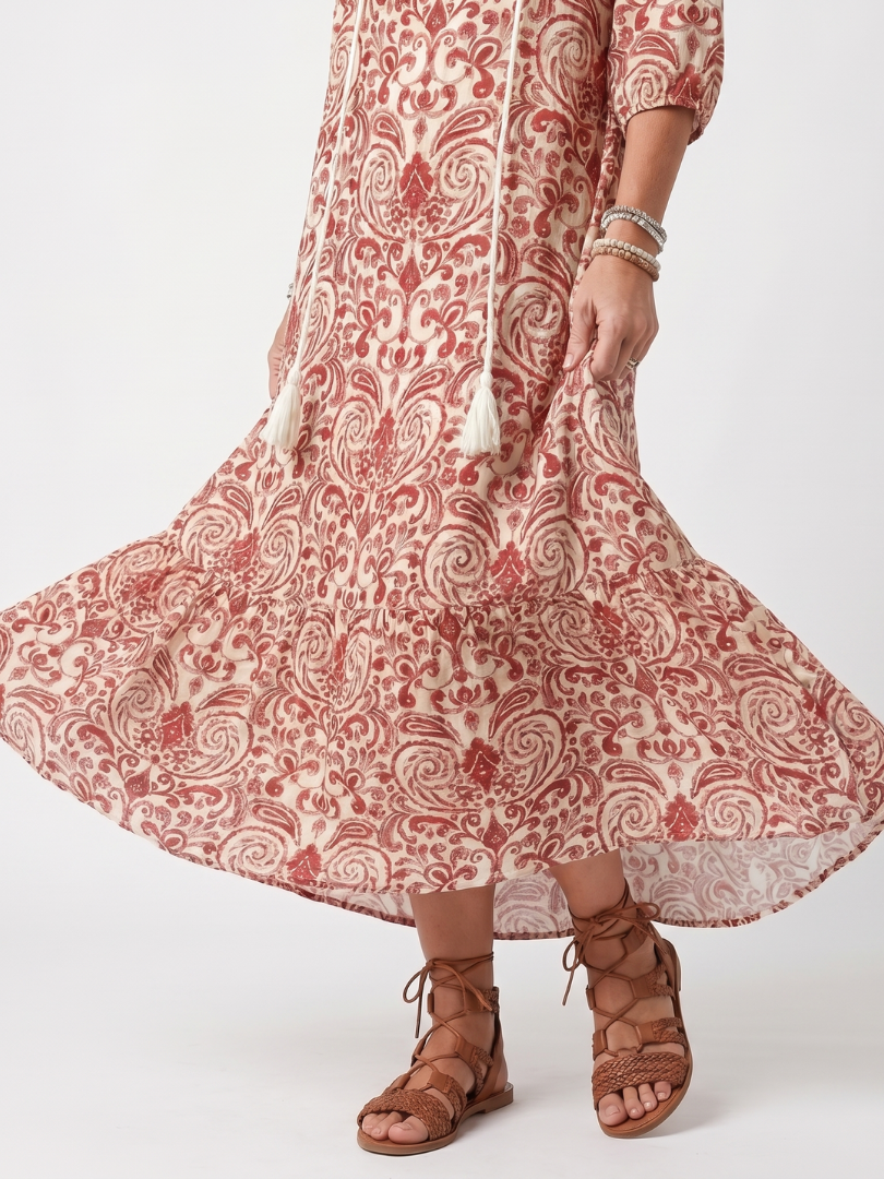 Noelle | Midi-Kleid mit Quastenverschluss und aufwendigem Print