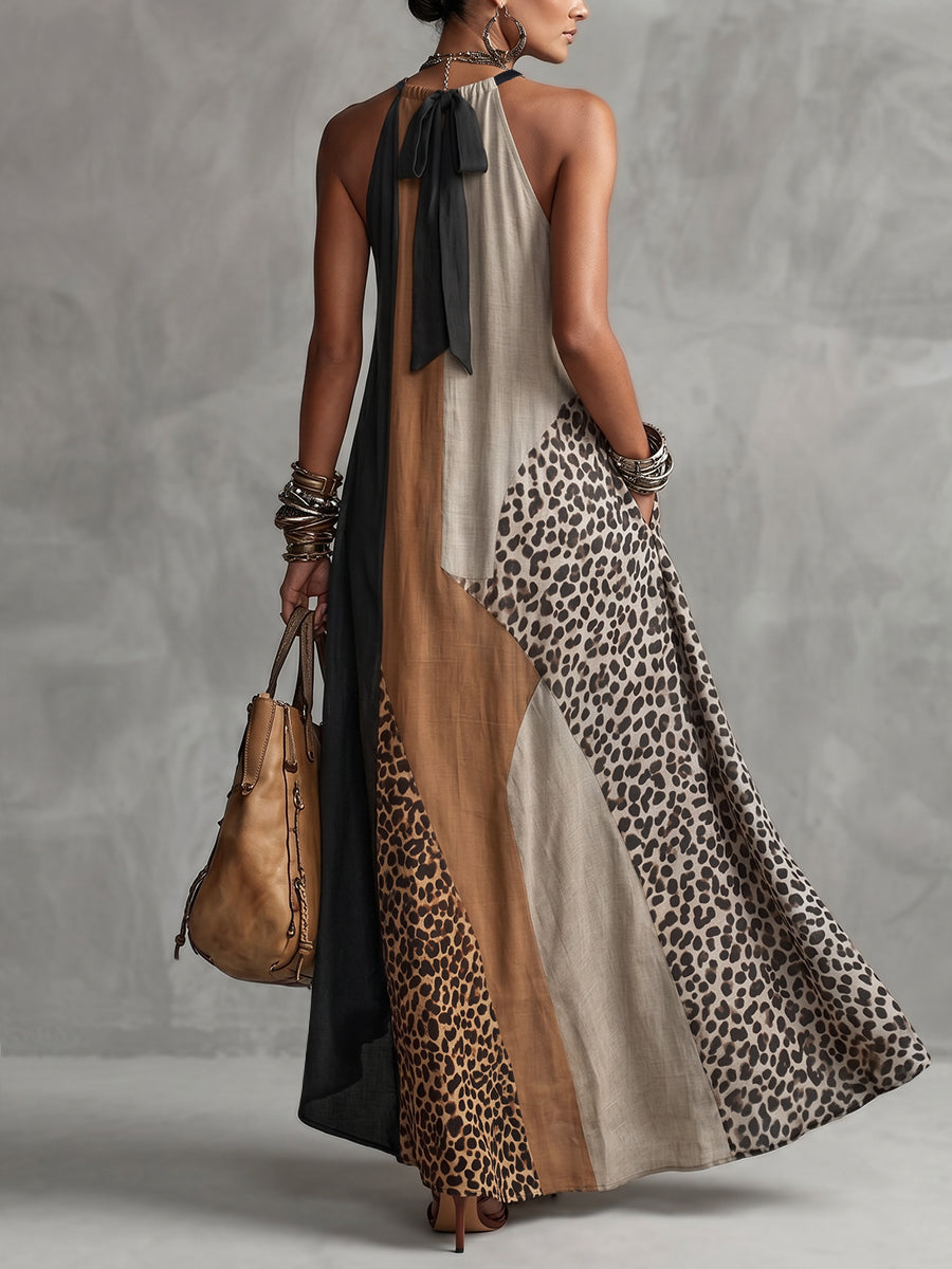 LUCIA | Maxikleid mit Neckholder, Leopardenmuster und asymmetrischen Einsätzen