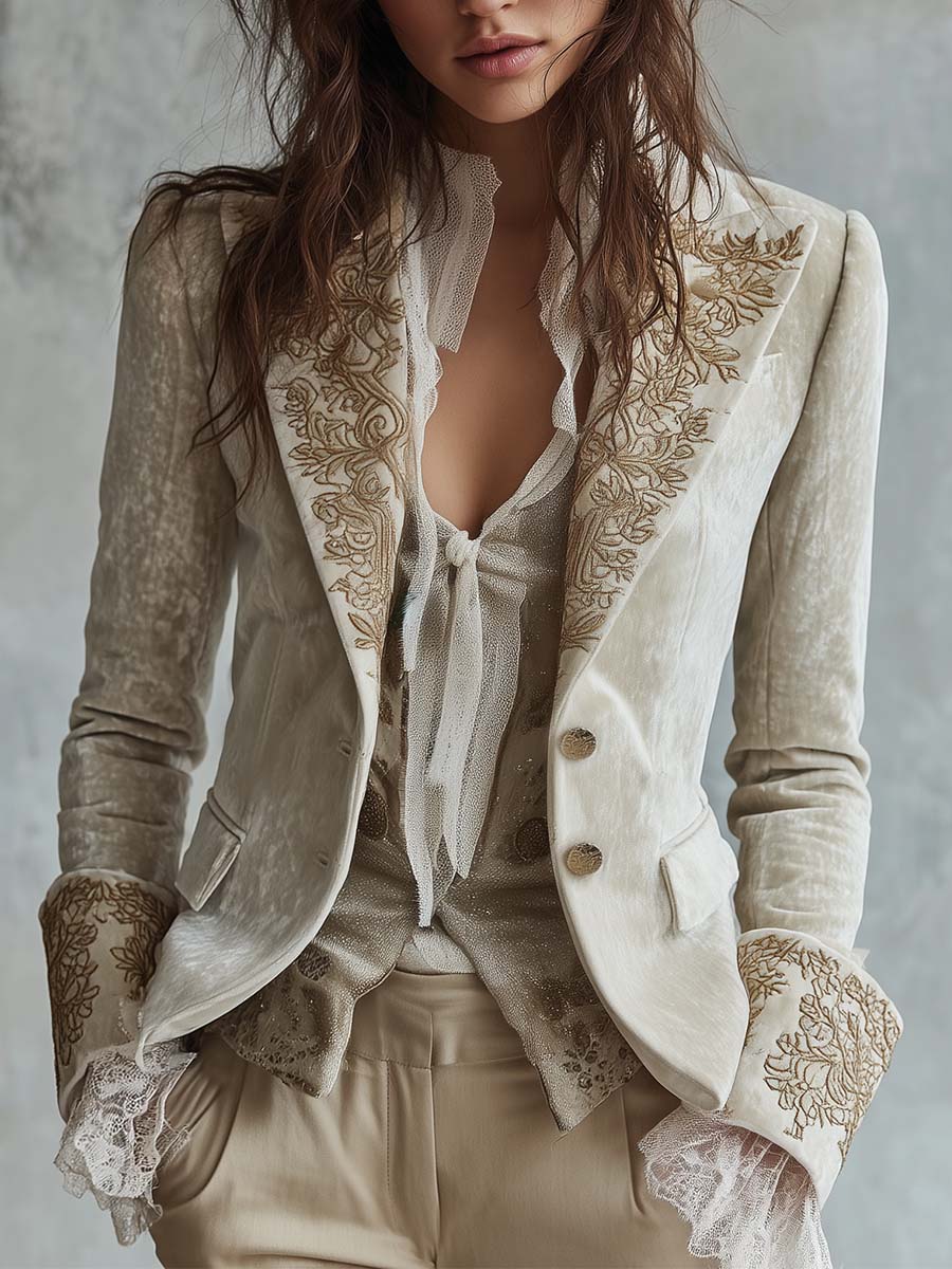 Damen Taillierter Blazer in Elfenbein mit Stickerei