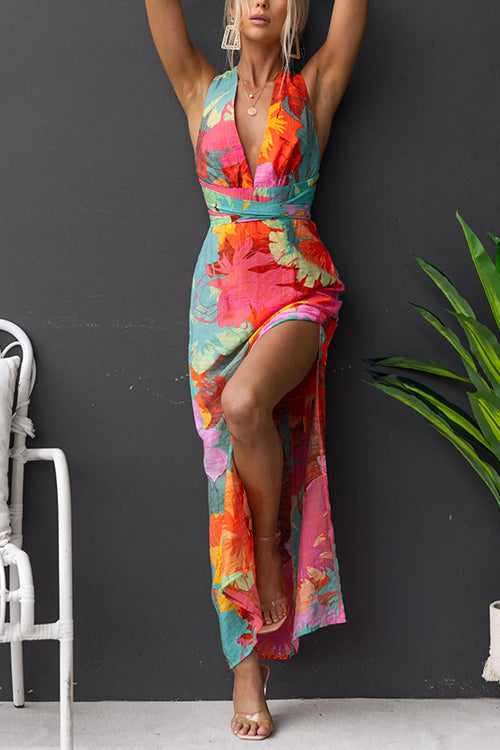 Langes ärmelloses Kleid mit Blumenmuster, V-Ausschnitt, Knoten im Rücken und Schlitz