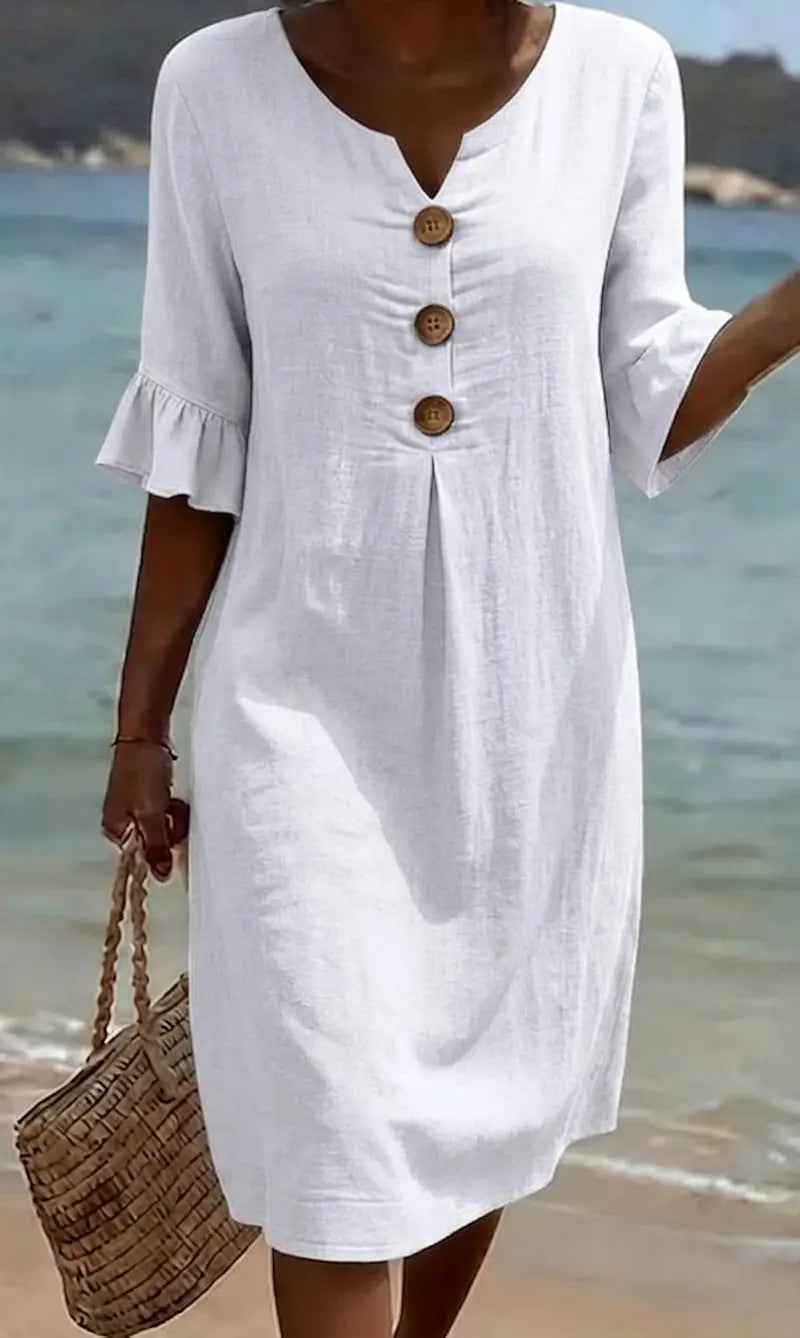 Viona – Baumwoll-Leinen Kleid mit Knöpfen und Volantärmeln