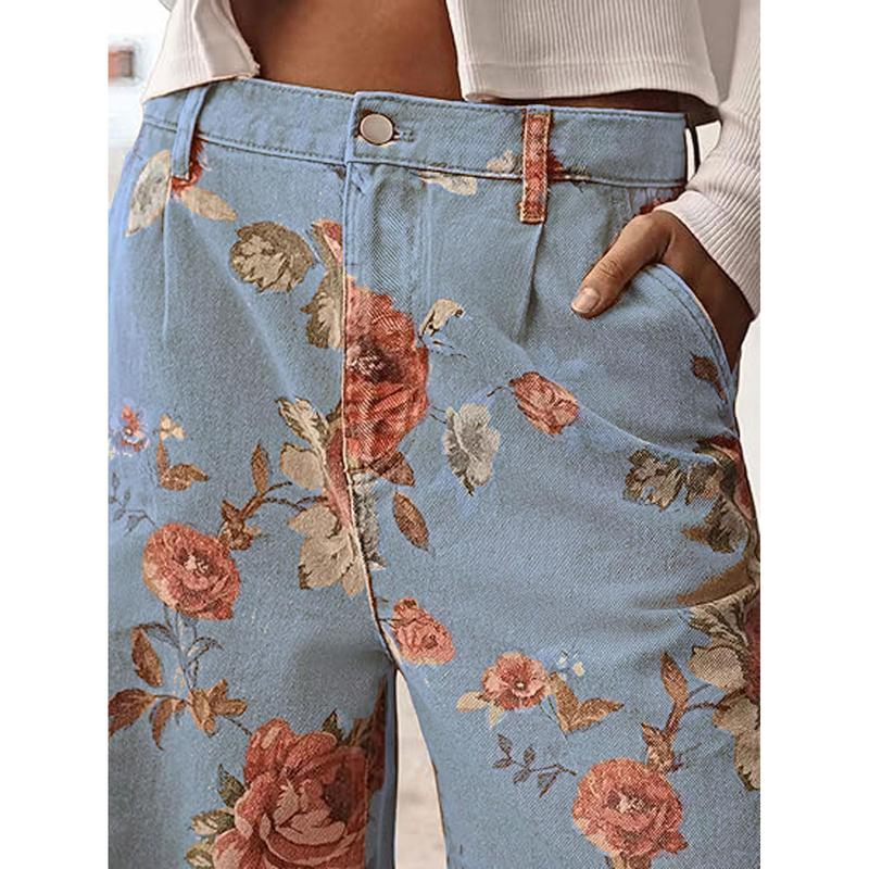 Florale Weite Rohre Hohe Taille Freizeithosen
