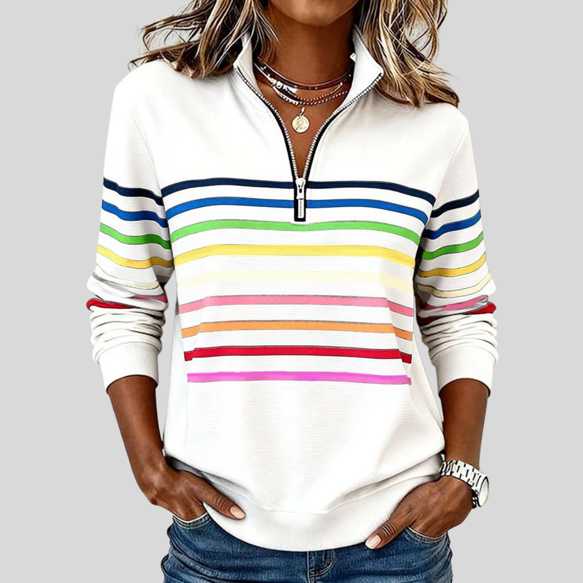 Prismette™ | Bunt gestreiftes Sweatshirt mit Viertelreißverschluss