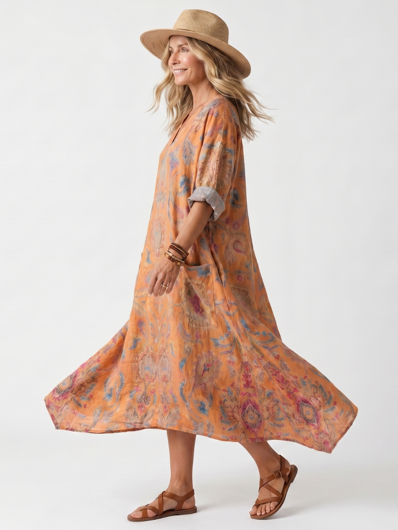Remi | Oversized-Midi-Kleid mit bedrucktem Kragen und Taschen
