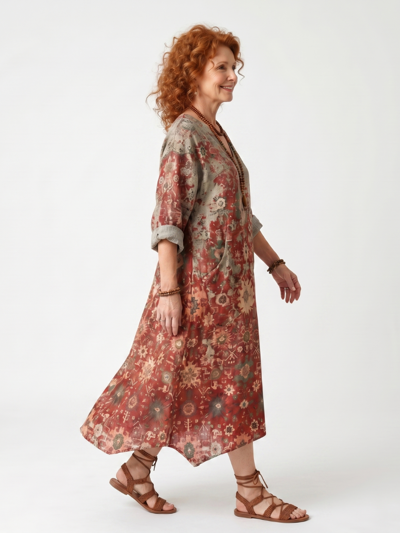 Saffron | Midi-Kleid mit lockerer Passform und gemusterten Taschen