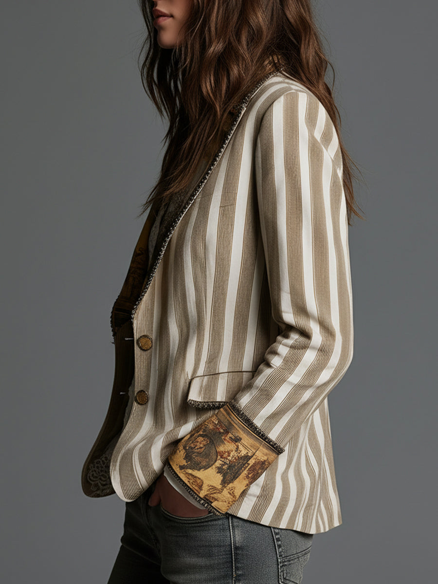 Damen Boho-Blazer mit Streifenmuster und bedrucktem Revers