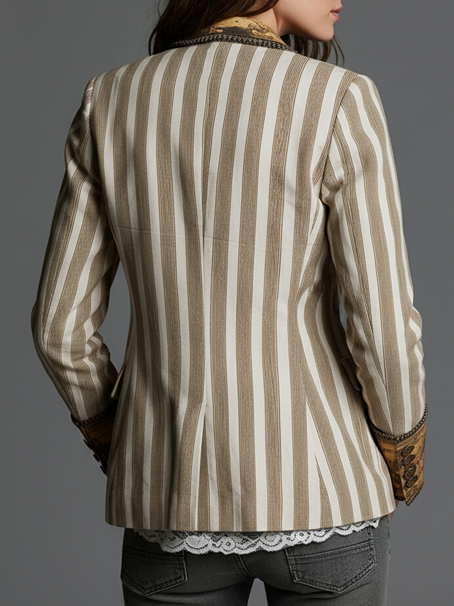 Damen Boho-Blazer mit Streifenmuster und bedrucktem Revers