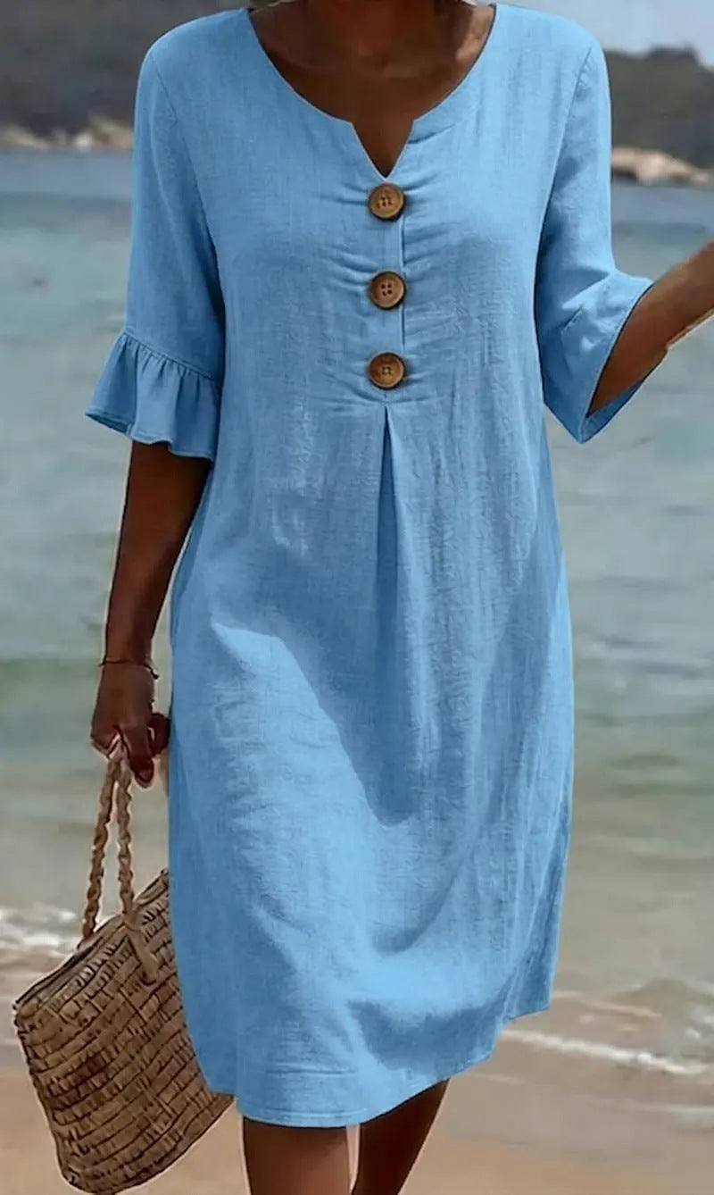 Viona – Baumwoll-Leinen Kleid mit Knöpfen und Volantärmeln