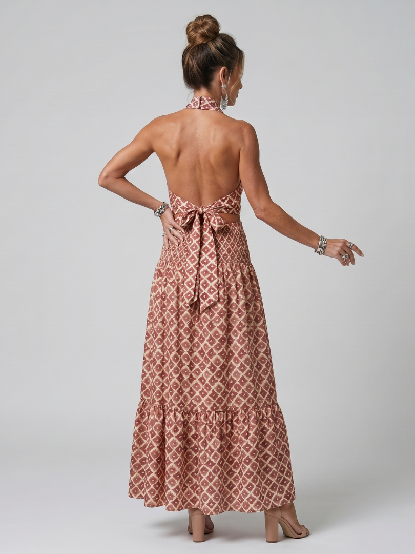 Amira | Cross Halter Geometrischer Druck Ausschnitt Midikleid
